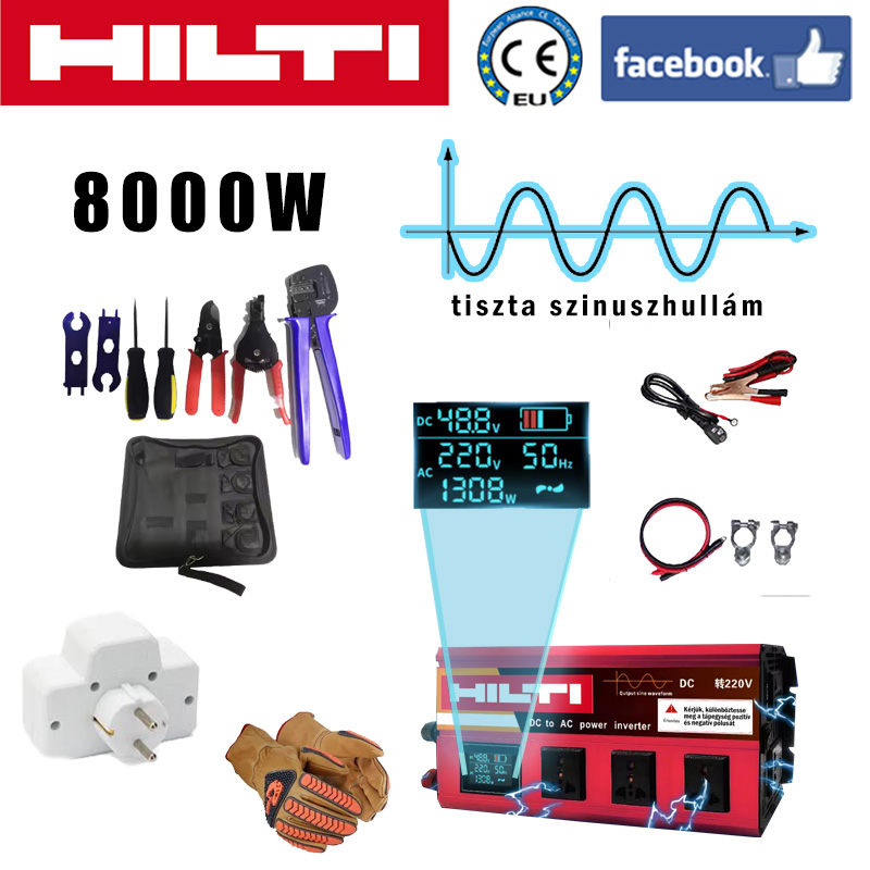 8000W tiszta szinuszos inverter*1+szerszámkészlet+szigetelt kesztyű*1+multifunkciós akkumulátorkapocs+tárolótáska*1